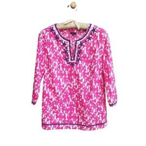 Talbots Pink/White Lobster Tunic with Navy Embroidery Trim -  Shell Detail